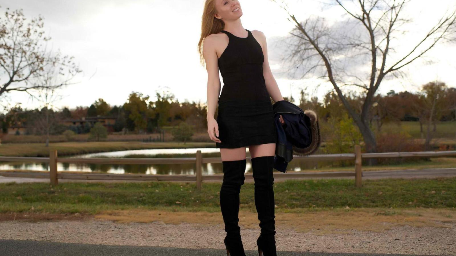 sexy babe, redhead, amateur, posing, outdoor, sexy dressed, leather, high boots, black, minidress, lake, water, landscape, heaven, clouds