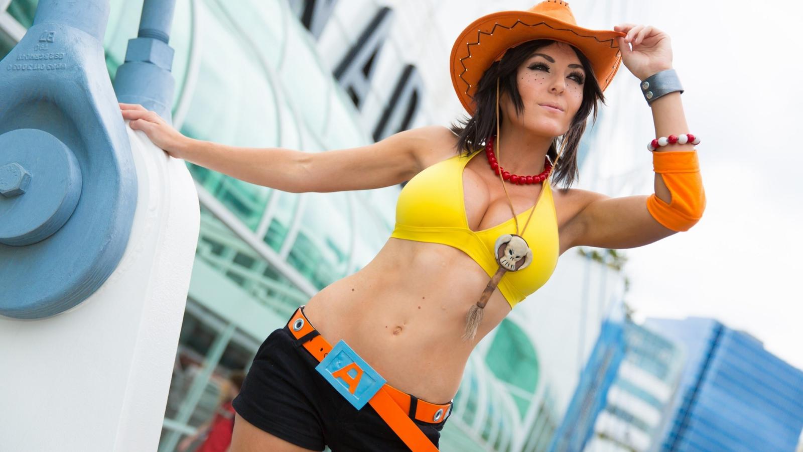jessica nigri, brunette, sexy girl, lingerie, brassiere, shorts, hat, cosplay