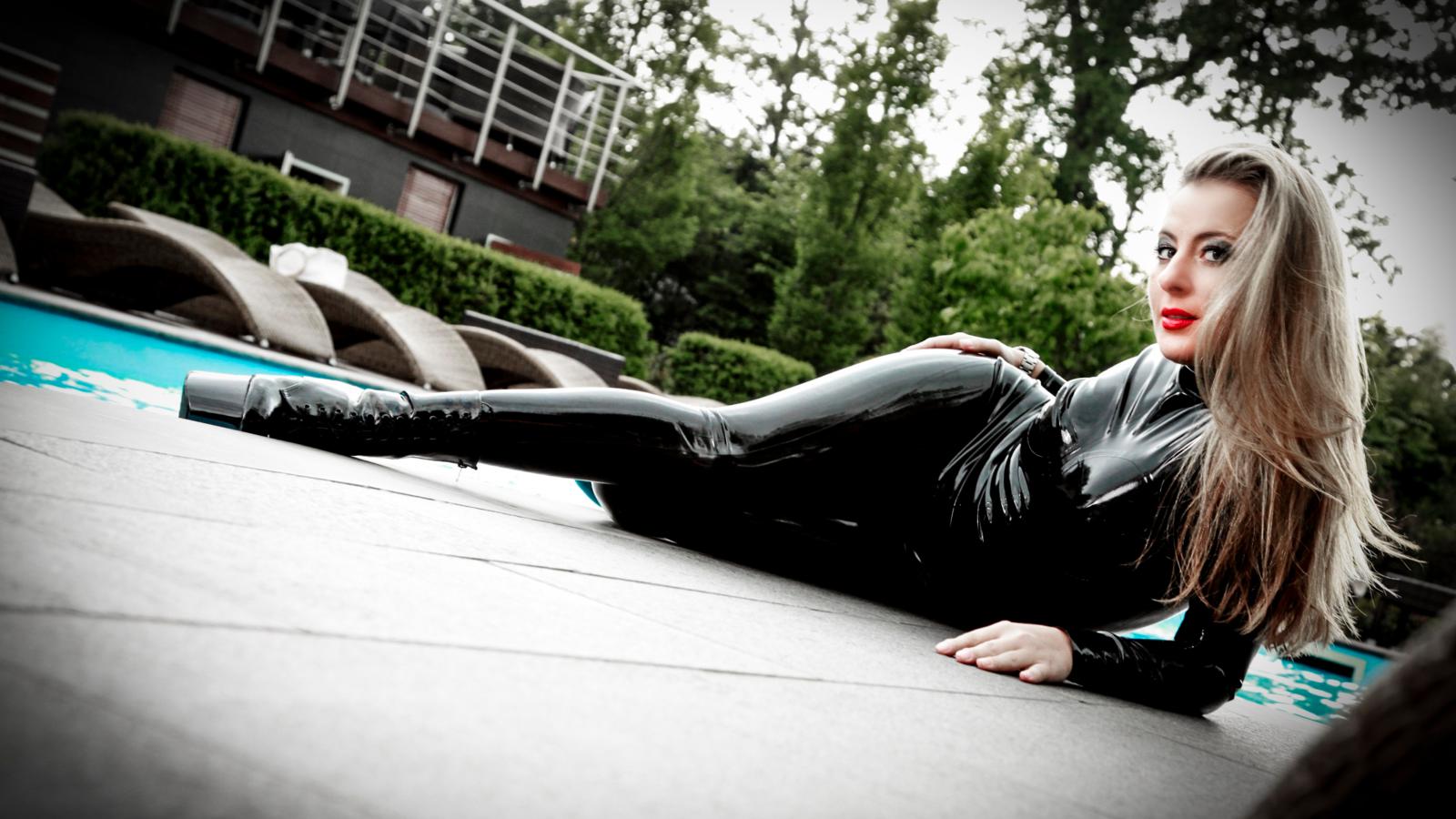 mistress luiza, blonde, real life, domina, mistress, slim, busty, sexy babe, long hair, posing, laying, latex, catsuit, fullsuit, pvc, ankle boots, shiny, rubber, fetish, erotic, red lips, fetish babe, luiza, babes in boots