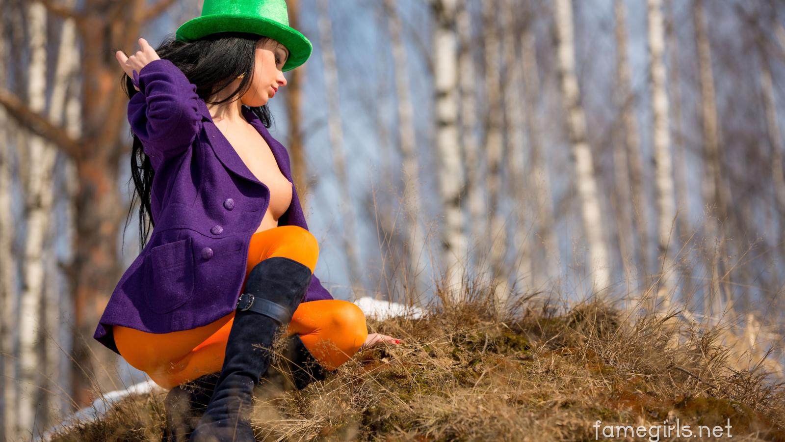 katie, brunette, sexy girl, adult model, leggings, orange, boots, coat, hat, long hair, outdoors, :), beautiful