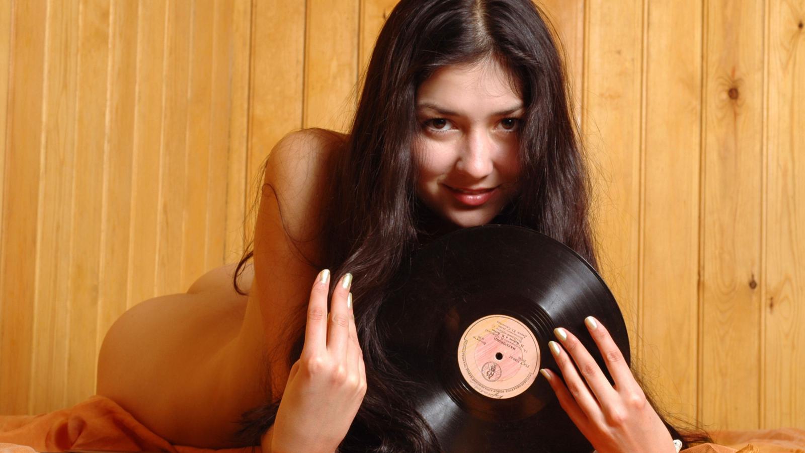 qualey, brunette, sexy girl, adult model, nude, naked, records, liya, bousya, kazakh, vinyl records, long hair, view, look