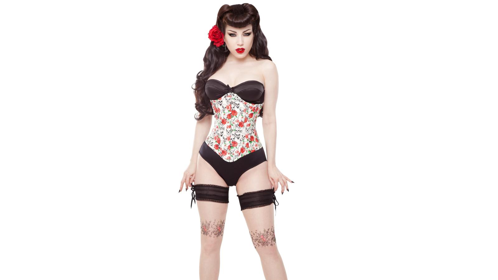 brunette, curvy, glamour, fetish, dessous, model, busty, sexy babe, long hair, posing, black, lingerie, bra, panty, multicolor, underbust corset, legs, stockings, minimalist wall, erotic, red lips, pin up style, lingerie series, own cut