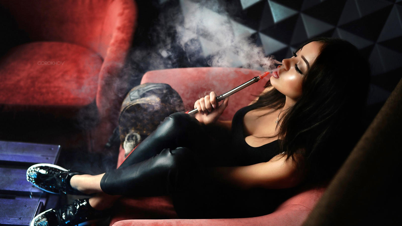 model, pretty, babe, dark hair, sensual lips, juicy lips, russian, water pipe, face, leather pants, 4k, smoke, smoking, brunette, decollete