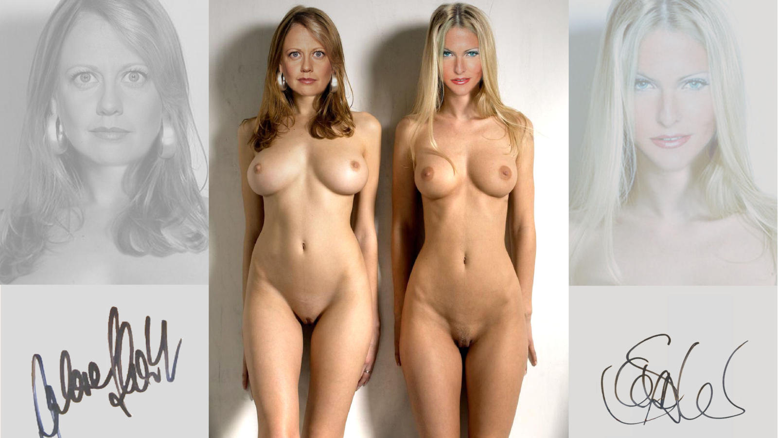 german tv-presenter, barbara schoneberger, sonya kraus, big boobs, posing, shaved, photoshoot, blond, brunette, compilation, celebrity fake, two girls, low quality