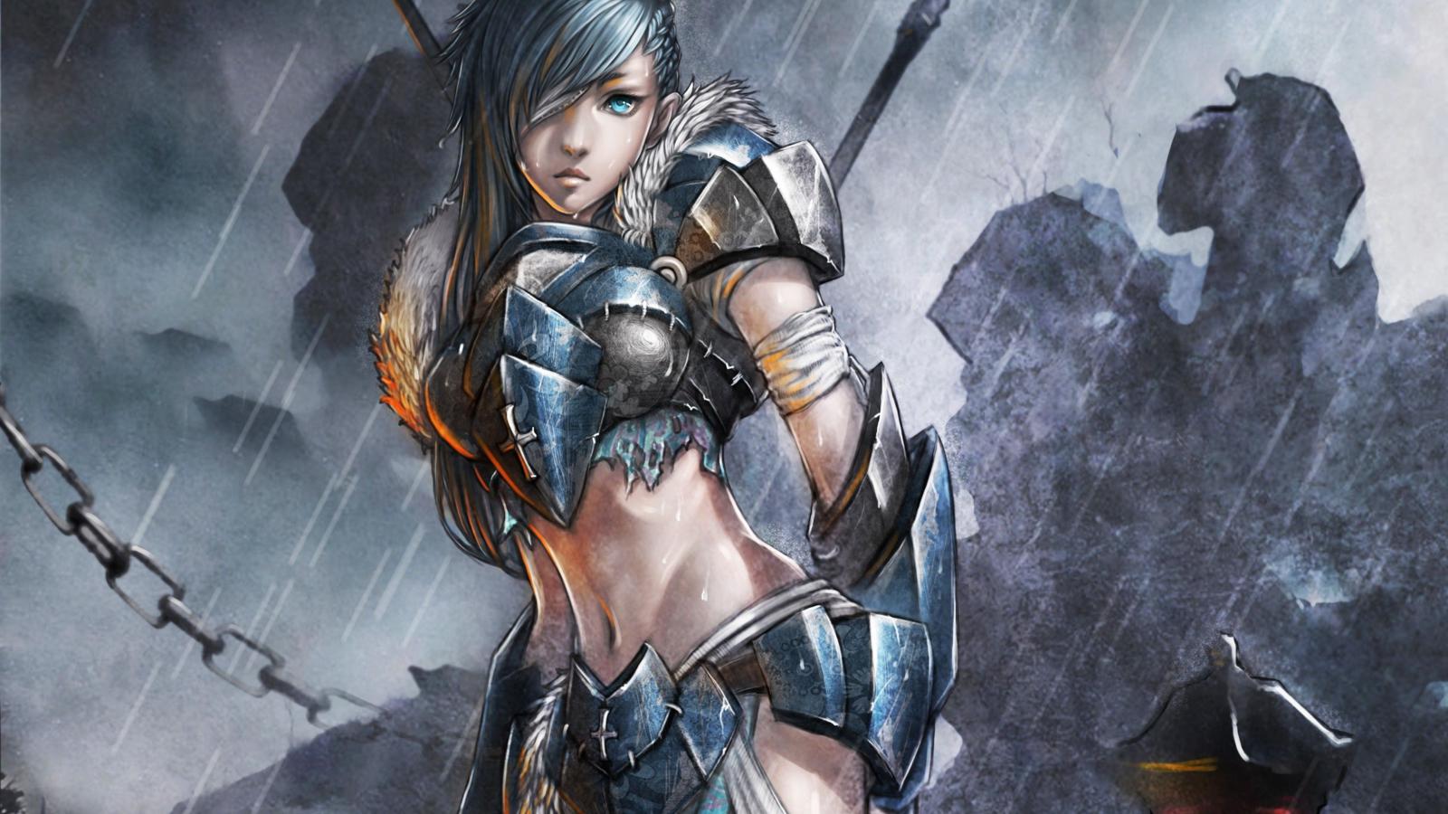 art, warrior, women, armour, rain, fantasy