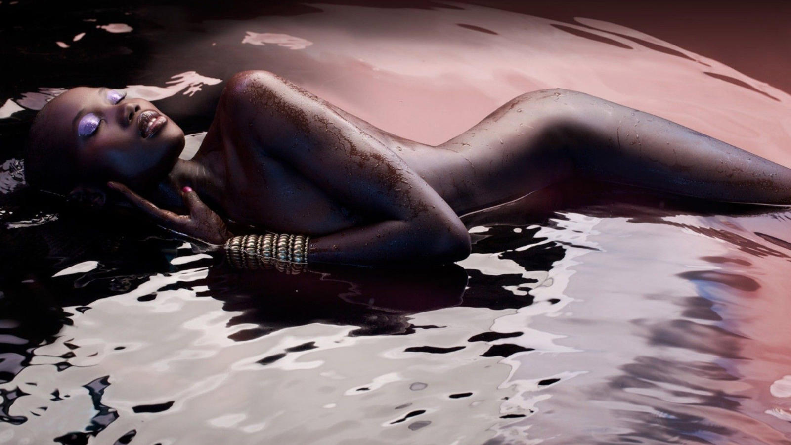 nude, black, closed eyes, water, wet, dark skin, ebony