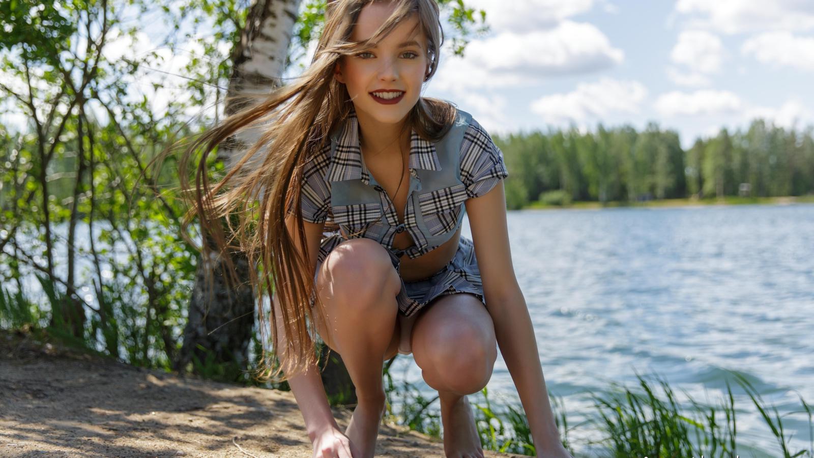 grace, cute, outdoors, panties, teen, upskirt, russian, glamour, brunette, squatting, red lips, smile, beautiful, feet, lake, tree, sand, clouds, dress, long hair
