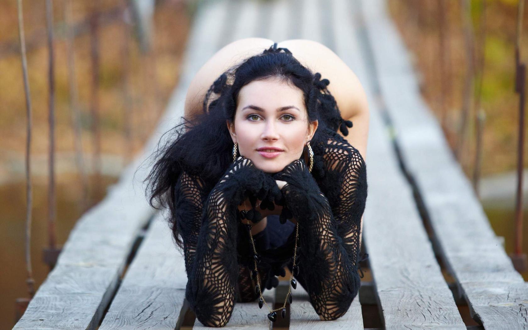 sexy, brunette, lingerie, outdoor, beads, earrings, hot, mila l, bridge