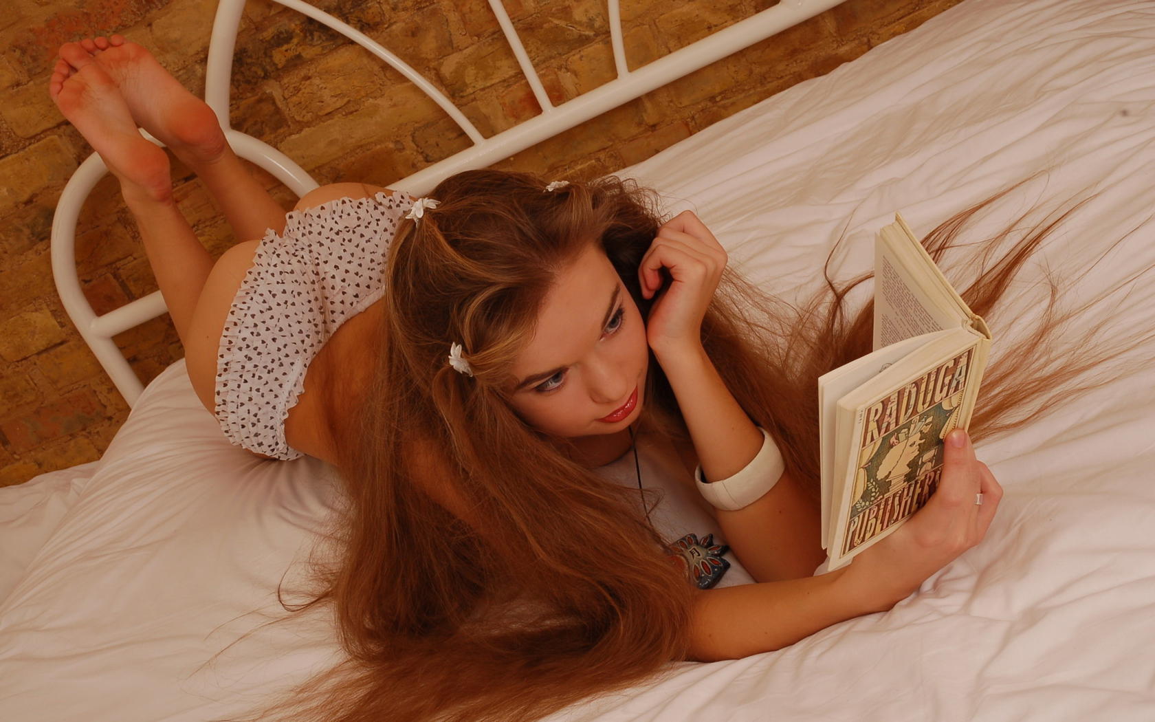 girl, sexy, redhead, lingerie, panties, ass, buttocks, bed, book, milena d, soles, homework