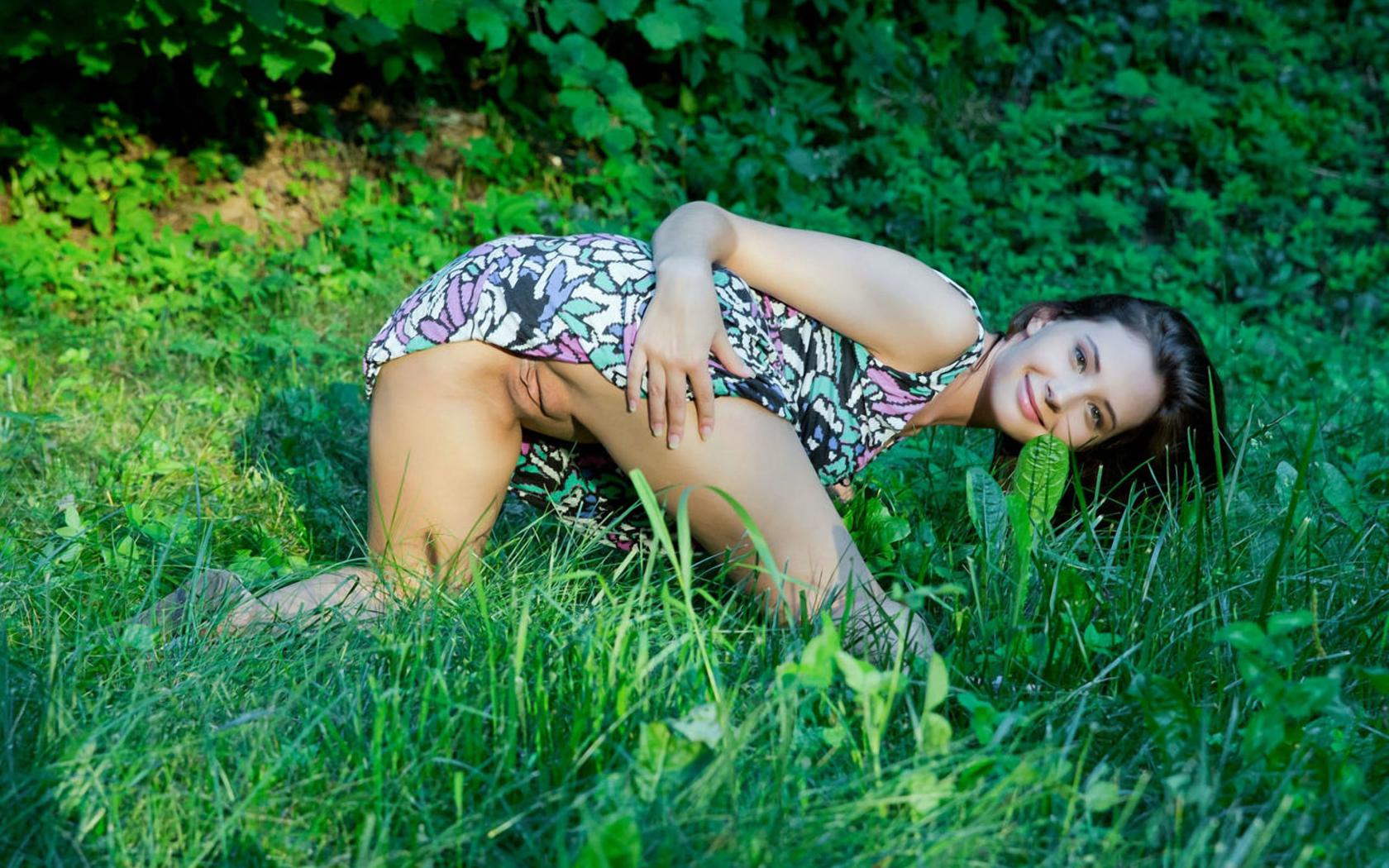 oretha mars, rylskyart, teen, brunette, brown eyes, beautiful, long hair, natural small tits, flawless, flower dress, field, legs, spreading, pussy, labia, twat, smile