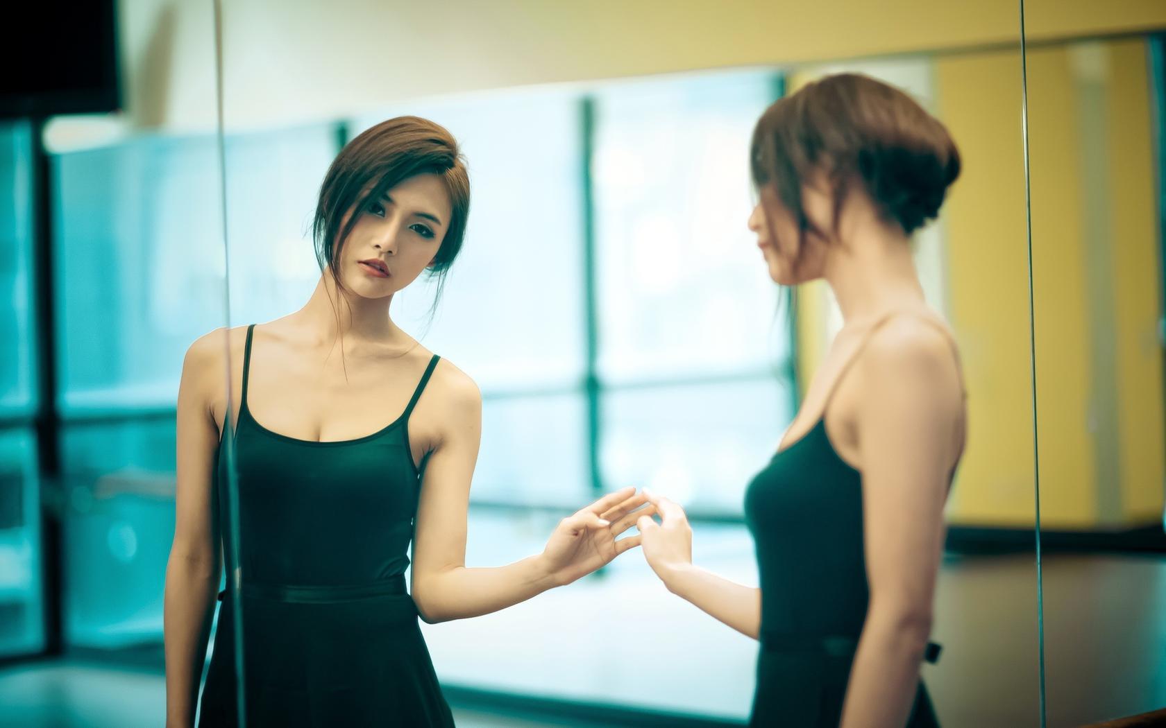 asian, girl, ballet, brunette, mirror, reflection
