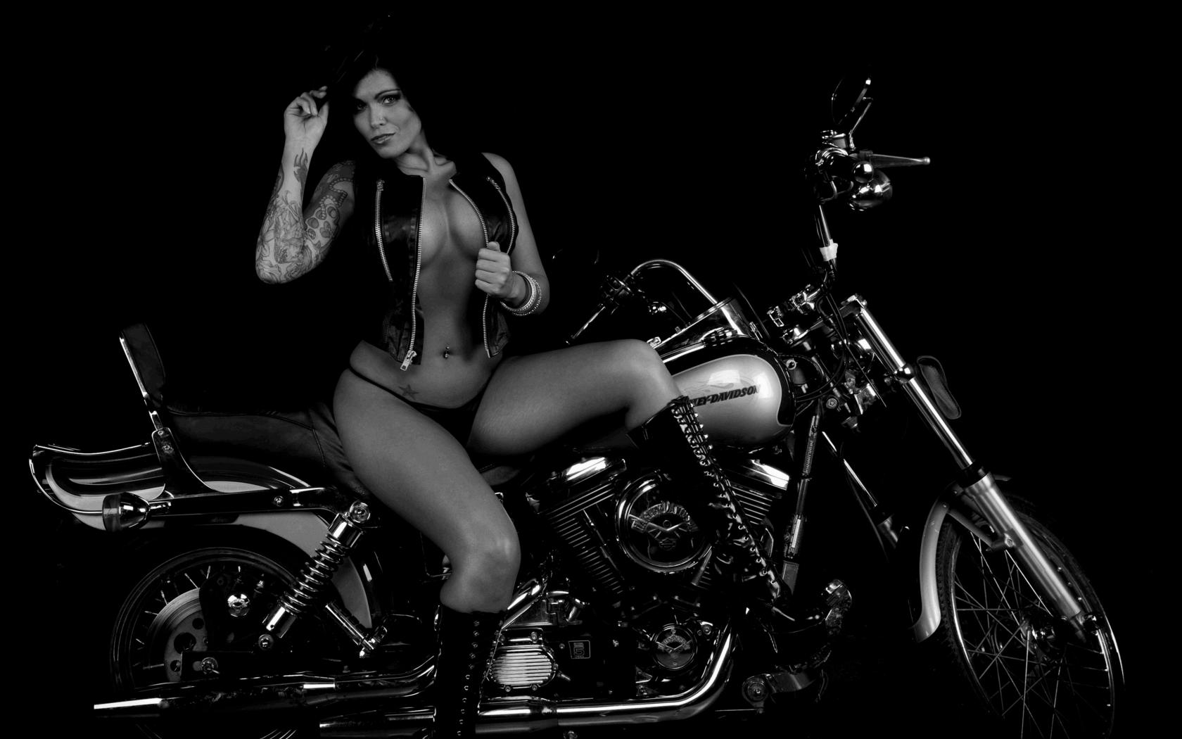melissajo, exotic, young, model, tattoo, latina, sexy babe, long hair, bike, black and white, posing, black, leather, top, string, hat, pvc, knee boots, harley davidson motorcycles, erotic, melisa, tattoos