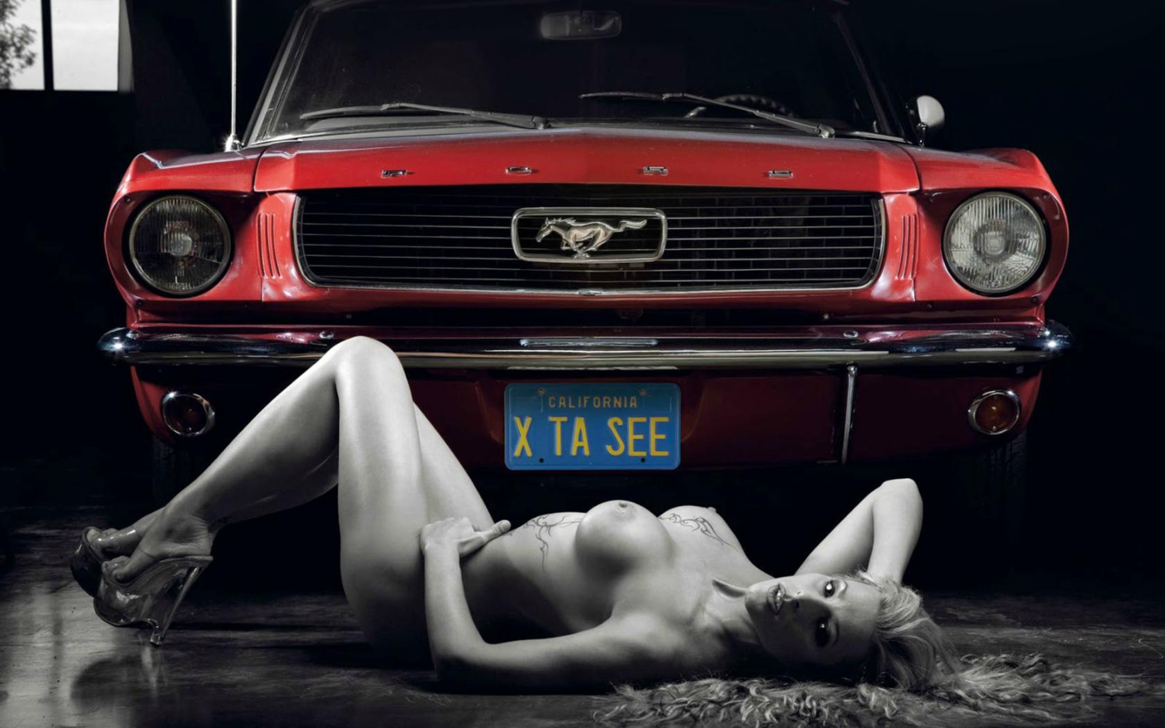 floor, long hair, classic, mustang, nude, beauty, boobs, ford, red
