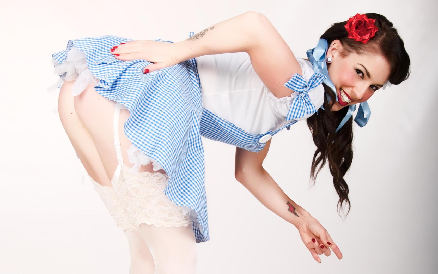 young, brunette, model, slim, sexy babe, long hair, tattoo, posing, bend forward, sexy dressed, lingerie, cosplay, dorothy, costum, stockings, pin up style, make up art, hi-q, nice rack, sexy ass, string, sexy, ass wallpaper, erotic, red lips
