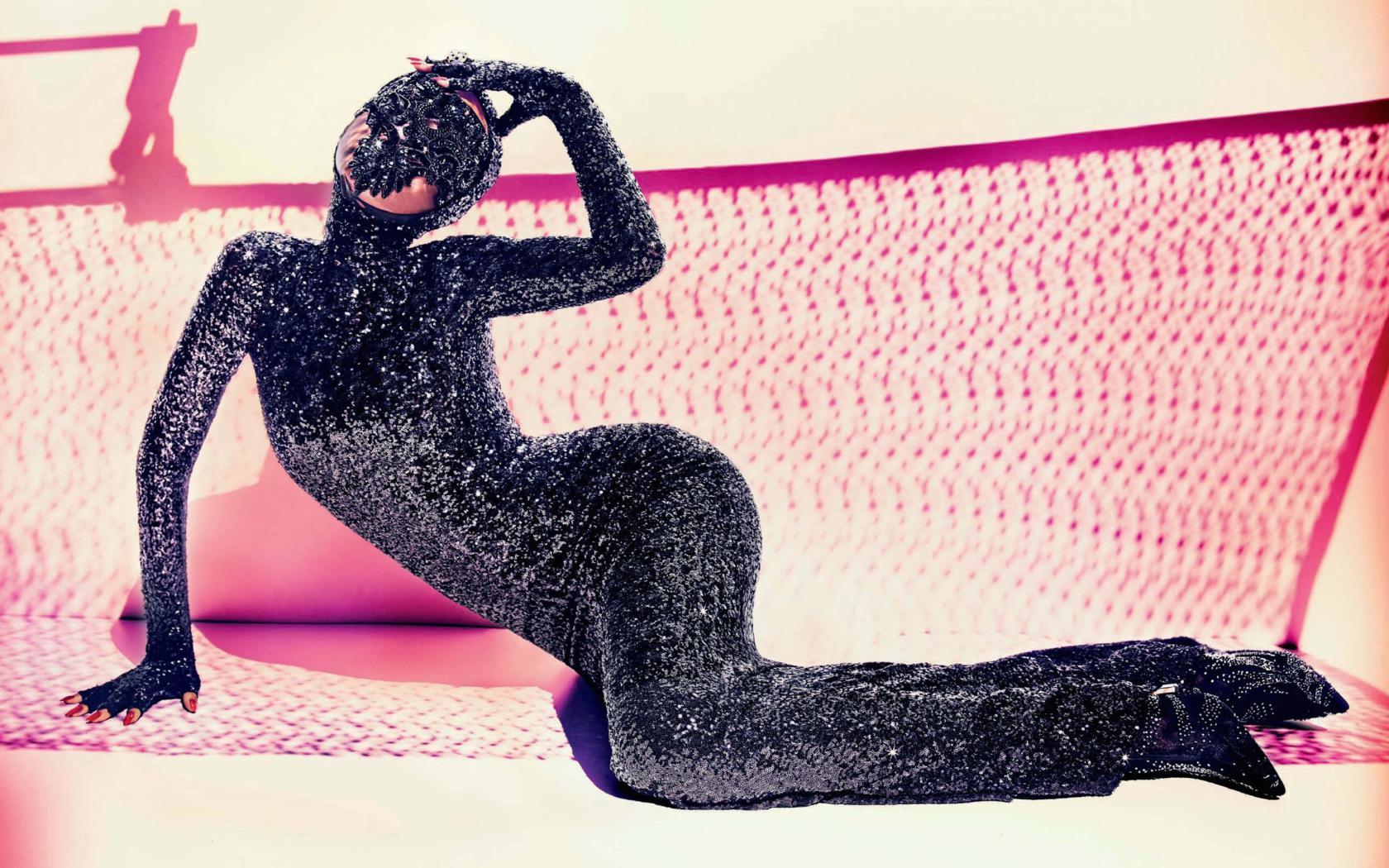 adult model, slim, sexy babe, posing, sitting, tight clothes, black, shiny, robe, mask, sitting, erotic art, zentai, fetish babe, lingerie series, erotic, shiny clothes, high heels, widescreen cut