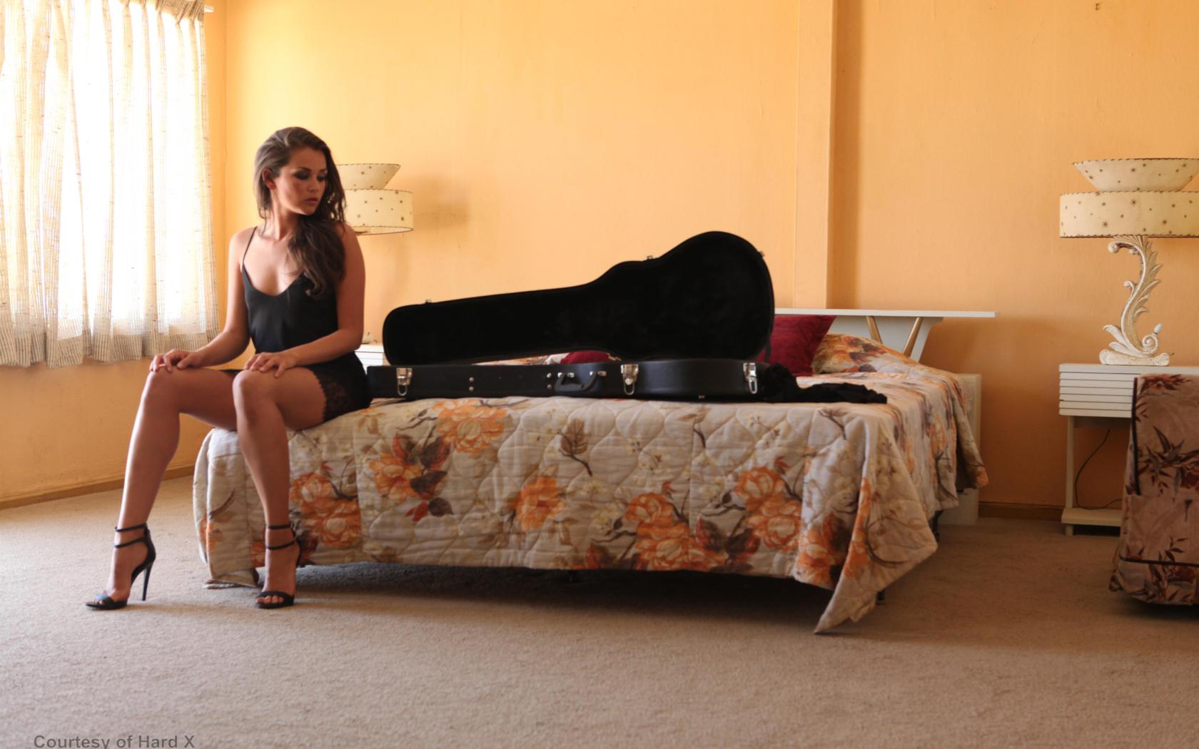 allie haze, brunette, long hair, dress, belle, cute, high heels, guitar, bed, bedroom