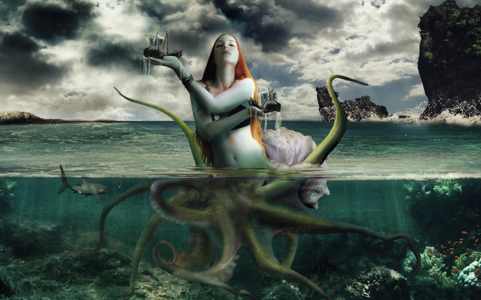 mermaid, gaint, playing, with, boats