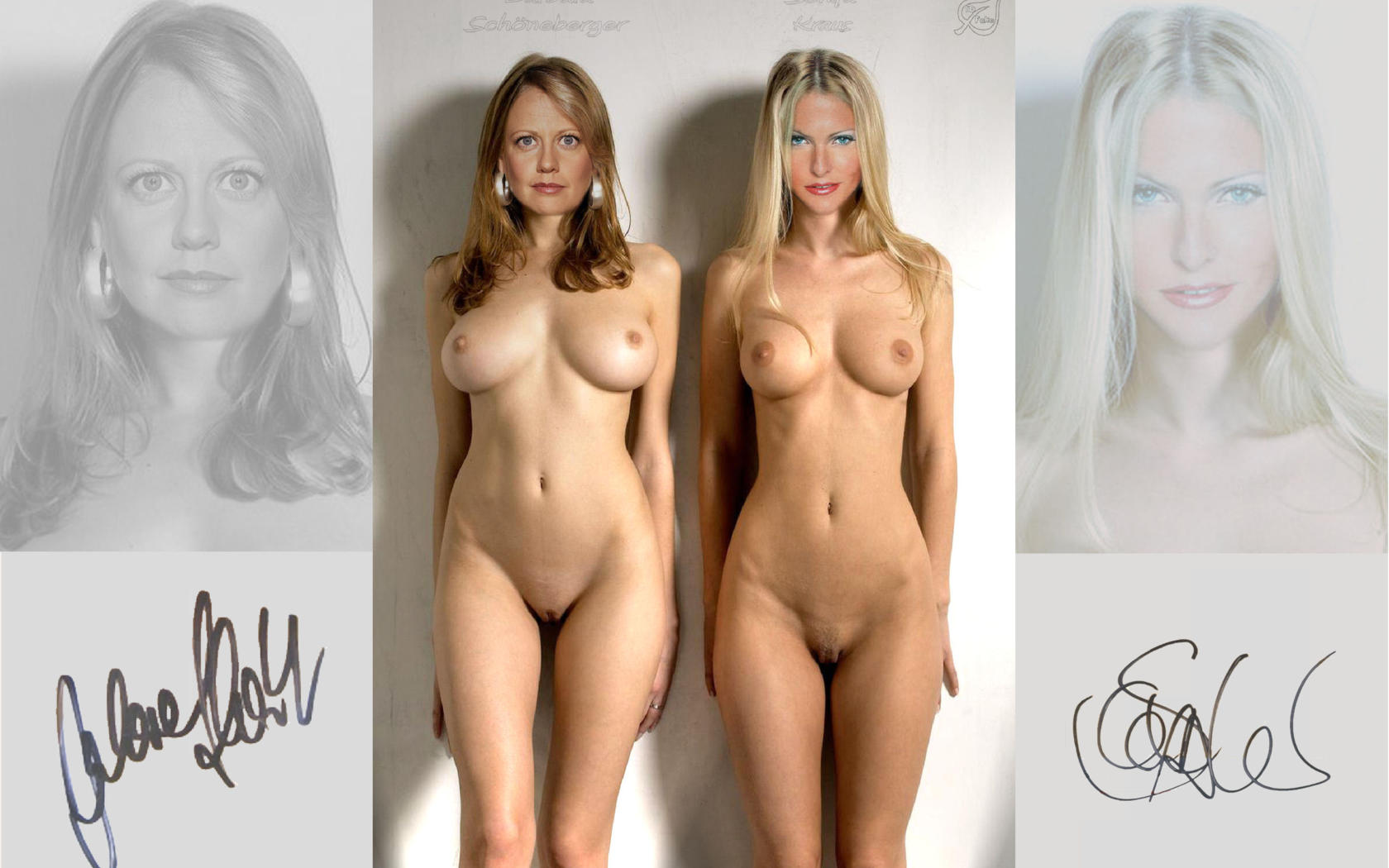 german tv-presenter, barbara schoneberger, sonya kraus, big boobs, posing, shaved, photoshoot, blond, brunette, compilation, celebrity fake, two girls, low quality