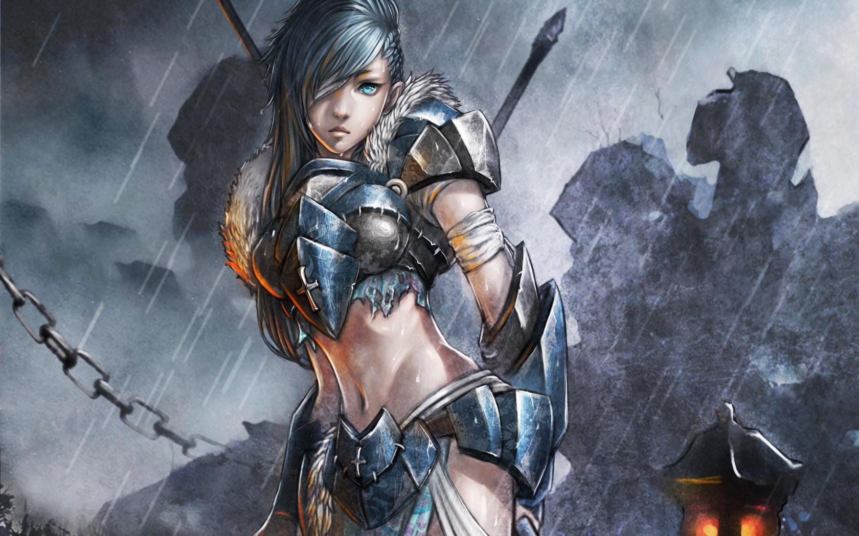 art, warrior, women, armour, rain, fantasy