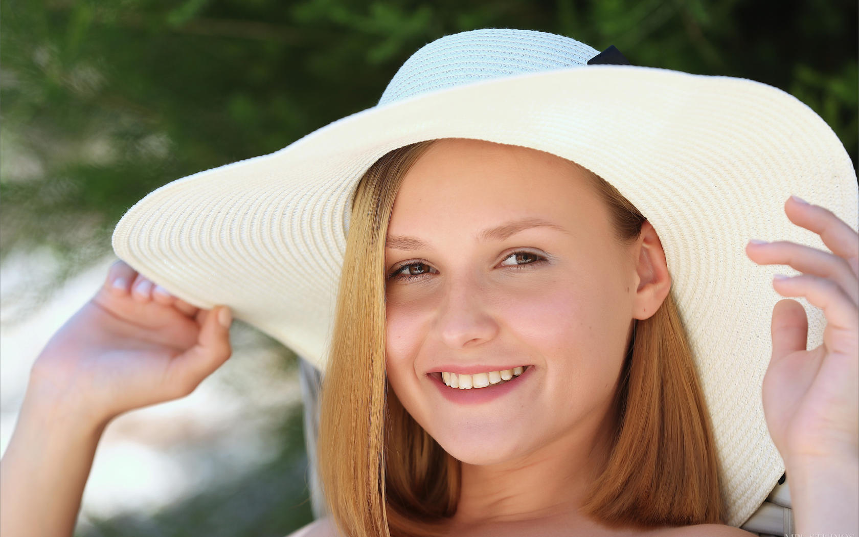 taya, lovely, blonde, posing, outdoors, hat, smile