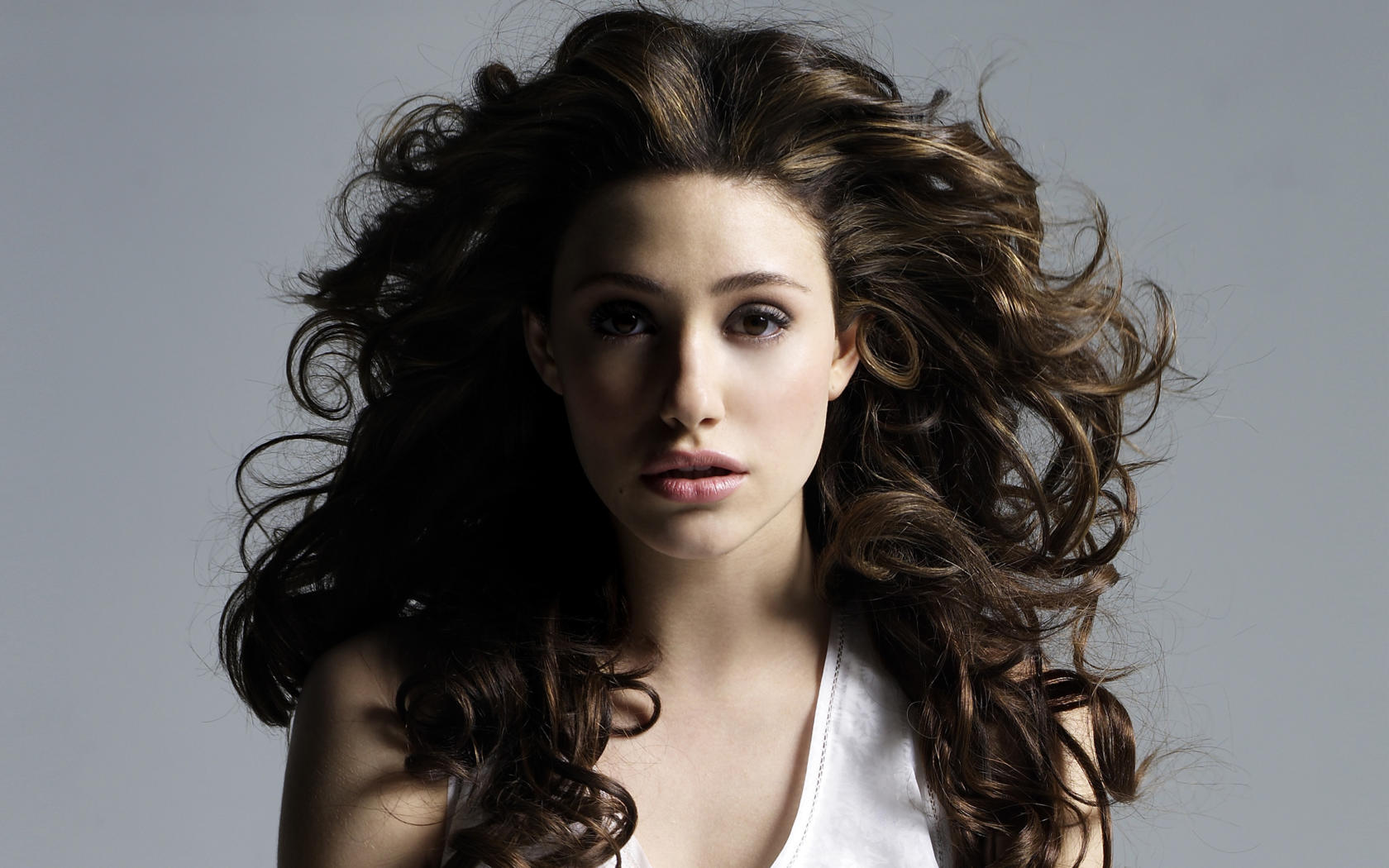 emmy rossum, brunette, curly, long hair