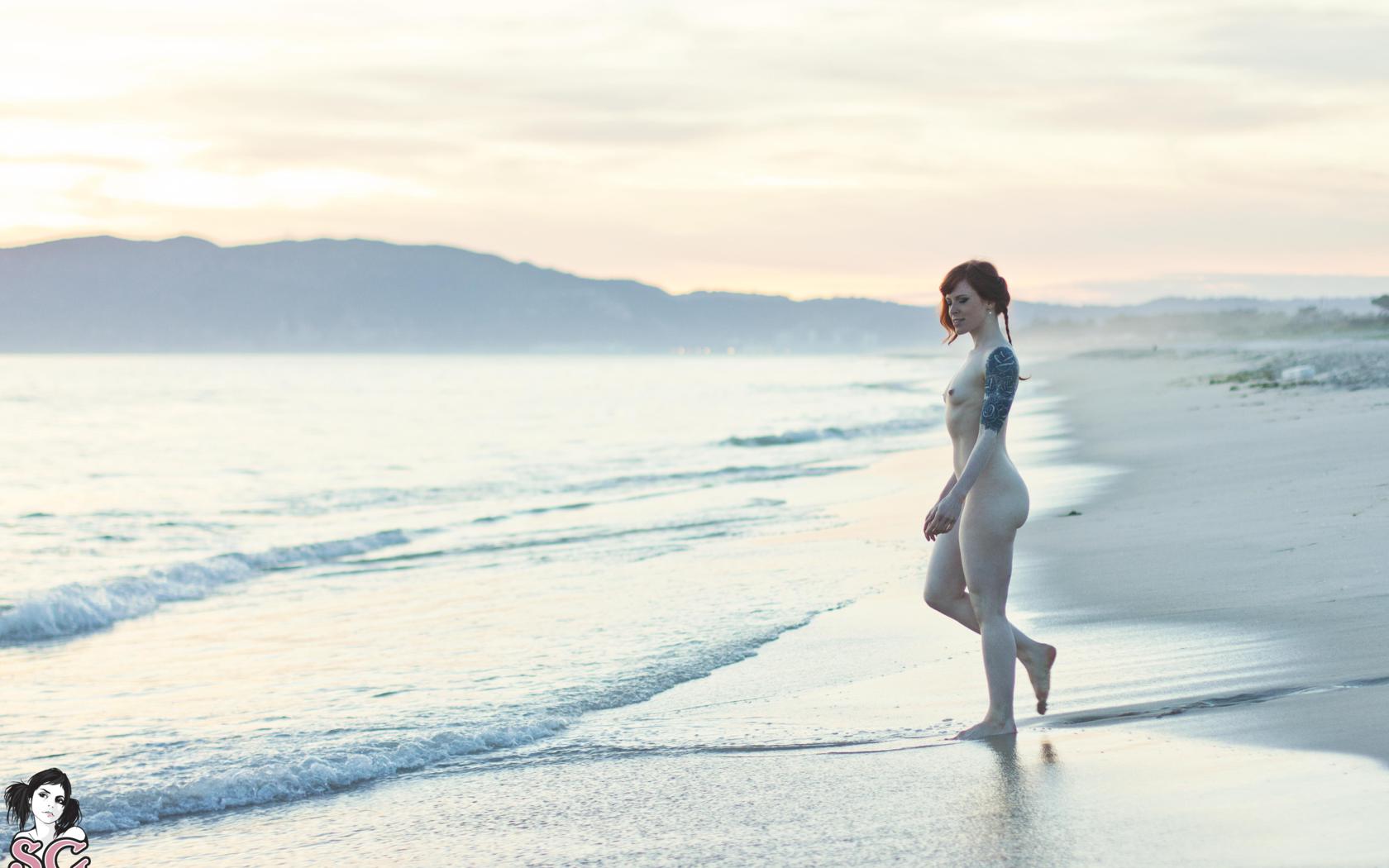 annalee, redhead, tattoo, small tits, beach, nude