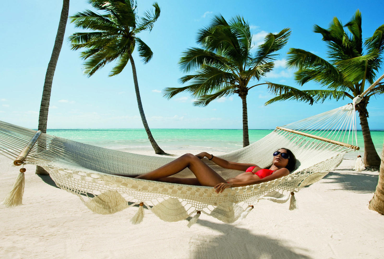 brunette, bikini, glasses, sexy, palms, sea, beach, sand