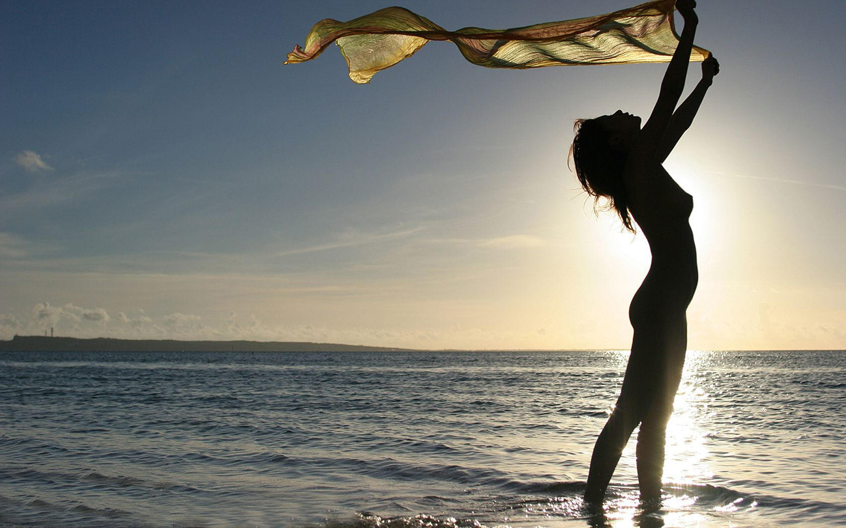 titts, nude, sea, beach, outdoor, sexy, long hair, silhouette, sunset