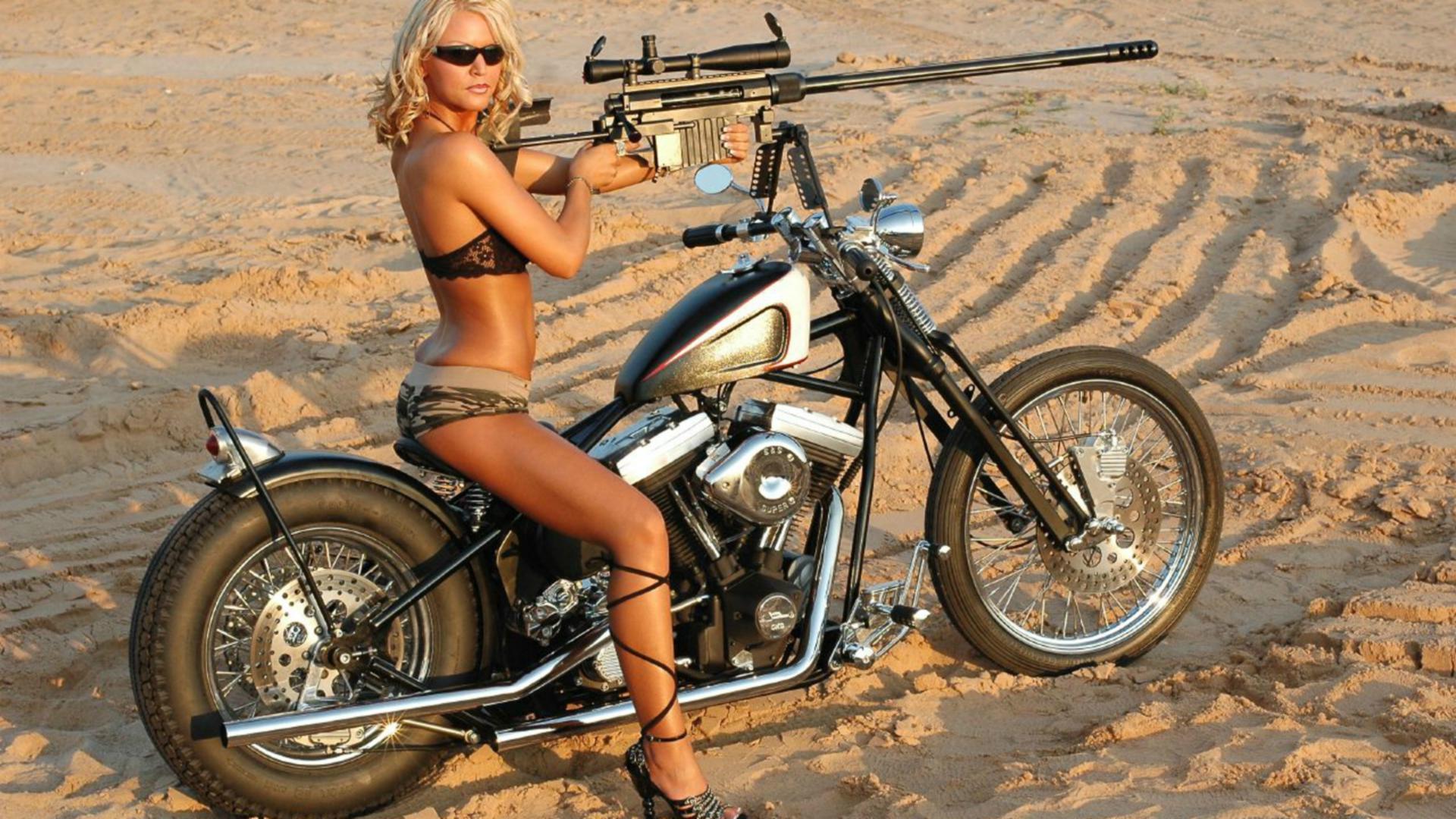 megan, bike, gun, shades, shorts, model, sand