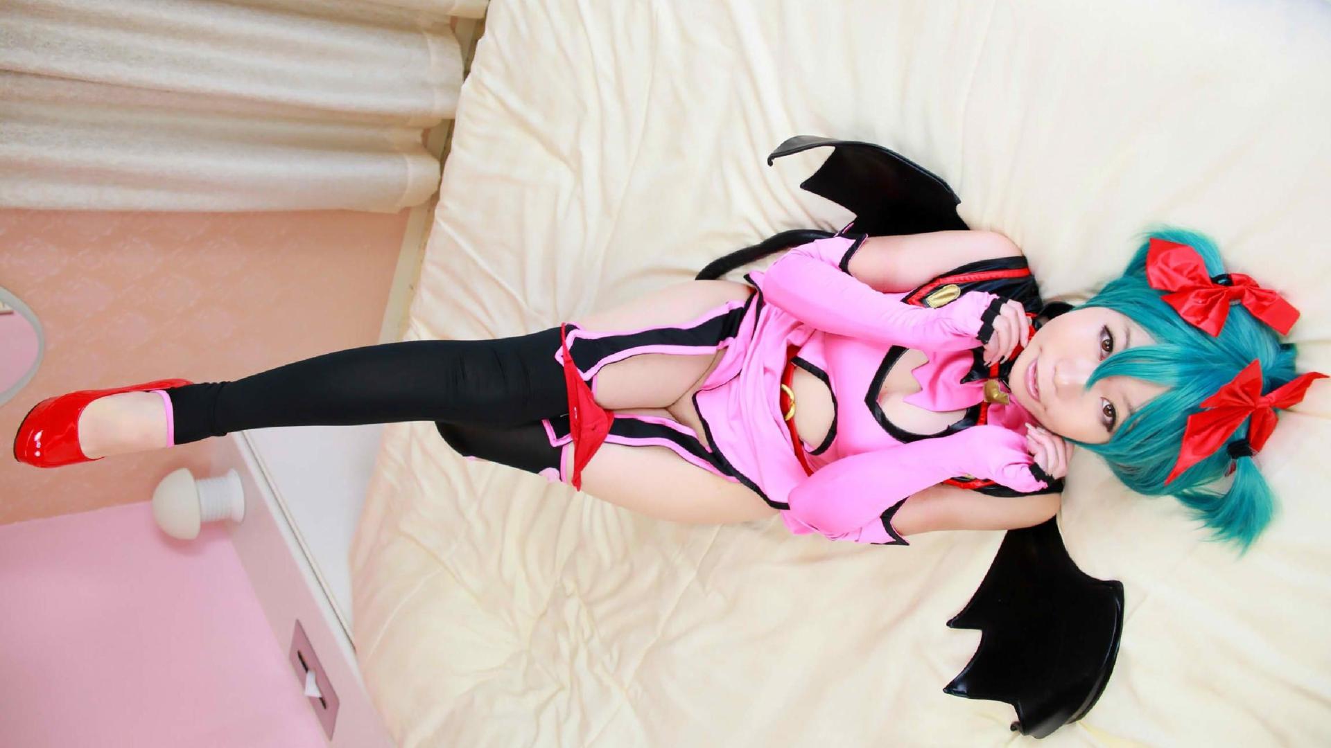 asian, sexy babe, cuty, bed, panty, blue, cosplay, smile, hatsune miku, wings, legs, heels, stocking, blue wig