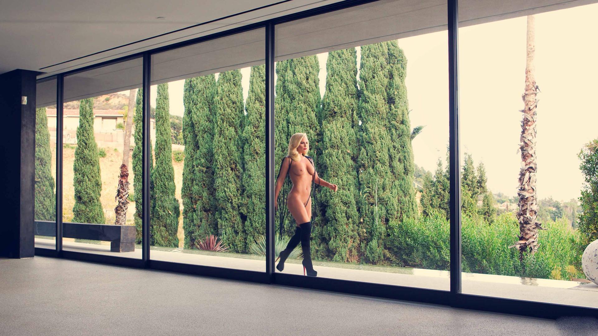 jenny mccarthy, big boobs, tits, solo, babe, lingerie, walking, outdoor, adult model, blonde, sexy babe, nude, boobs, knee boots