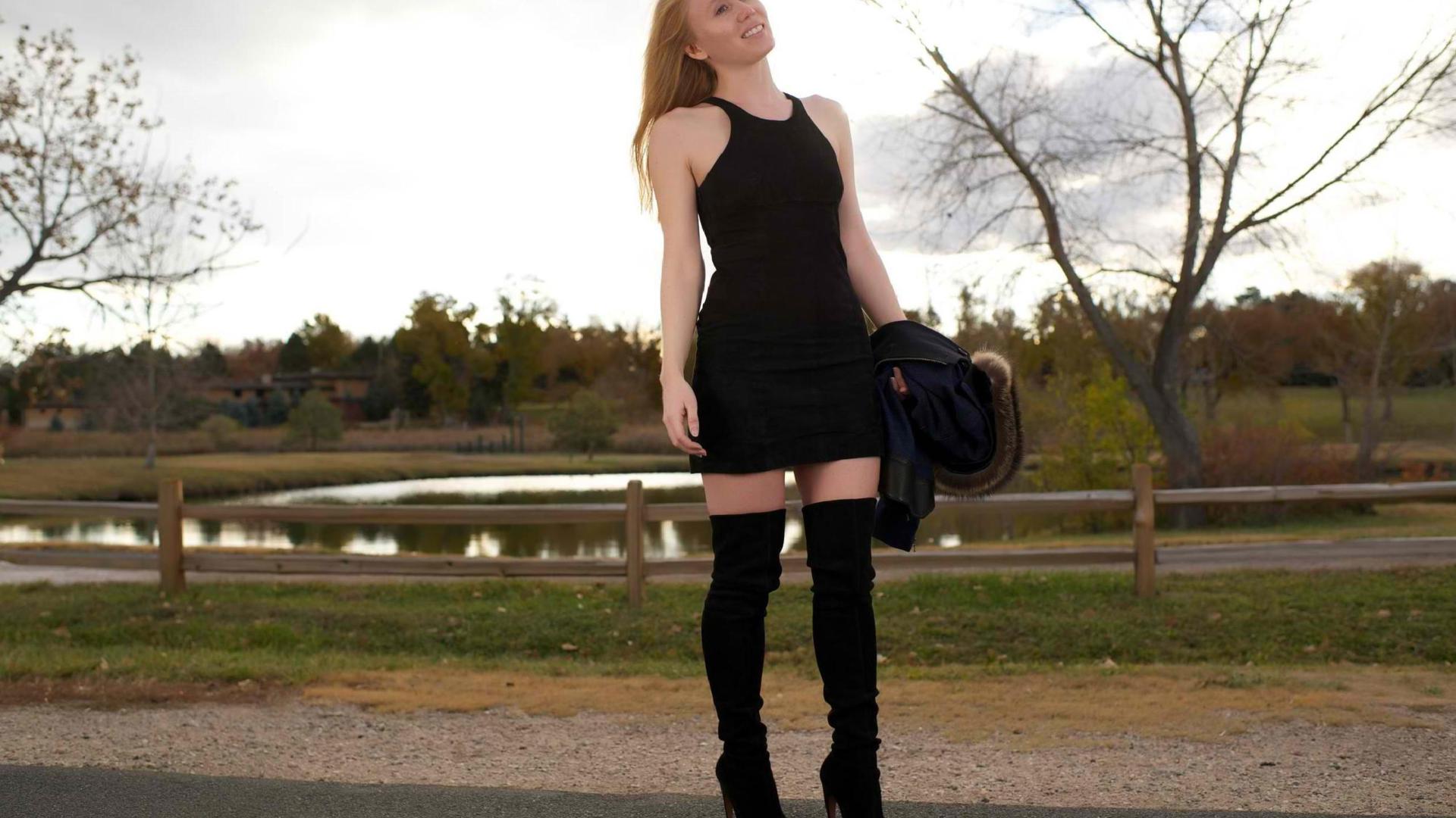 sexy babe, redhead, amateur, posing, outdoor, sexy dressed, leather, high boots, black, minidress, lake, water, landscape, heaven, clouds