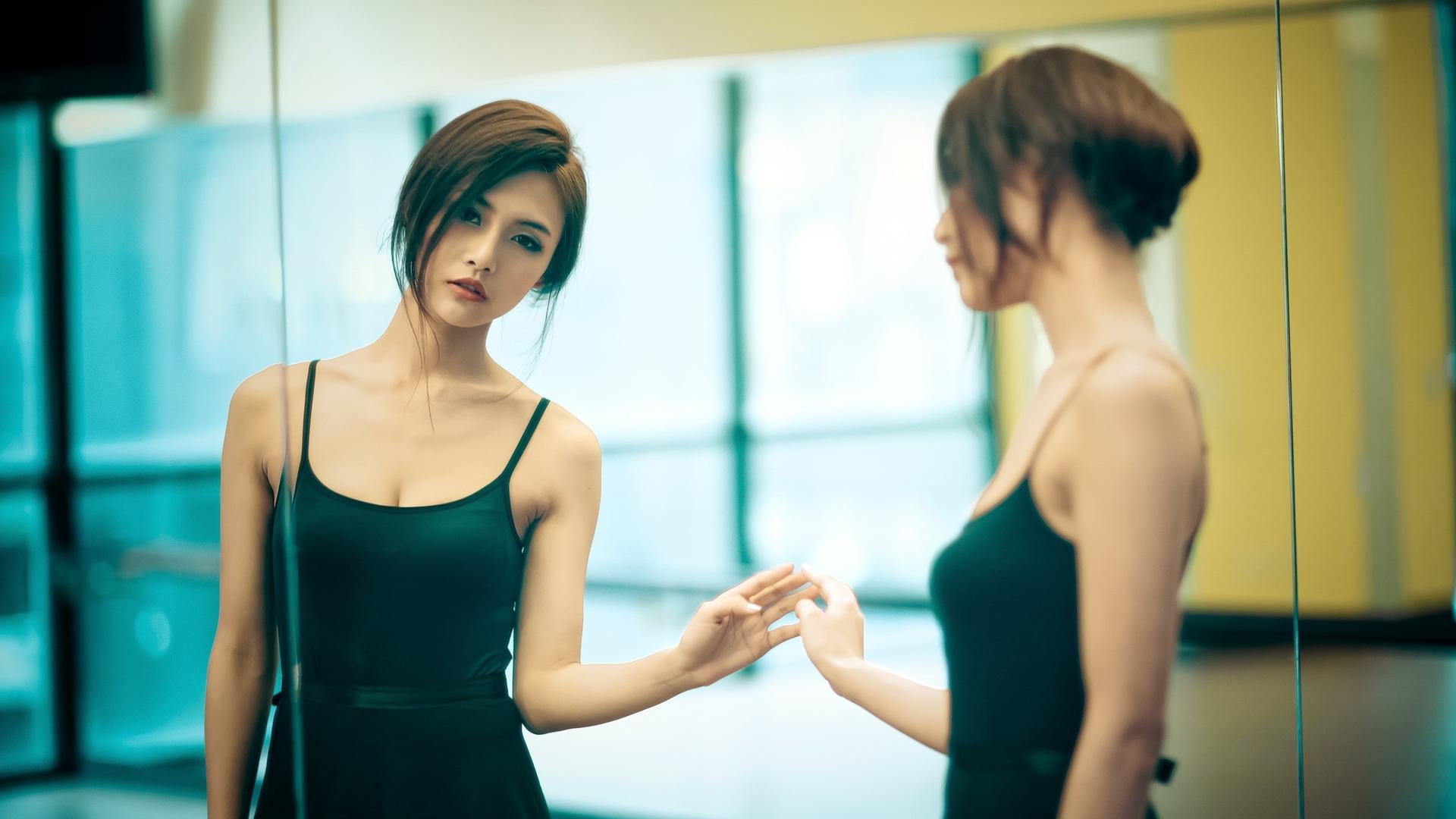 asian, girl, ballet, brunette, mirror, reflection