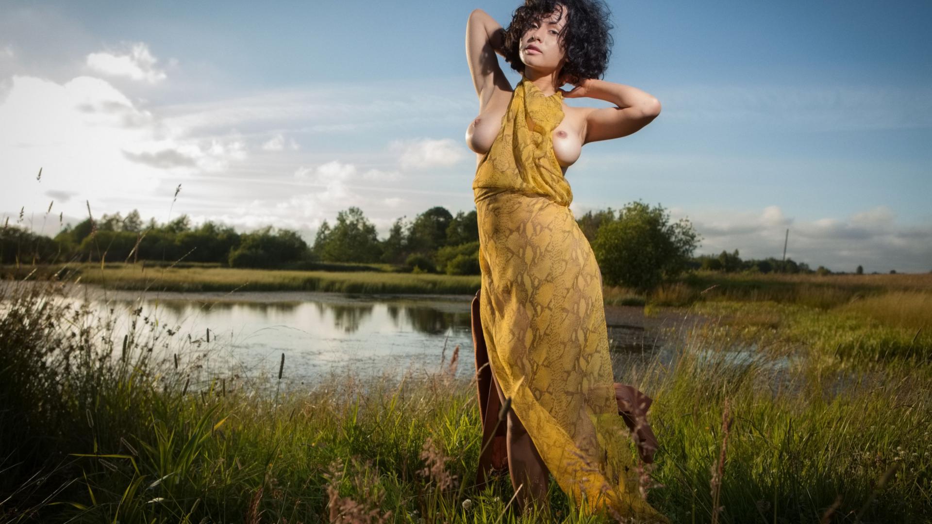 model, young, beautiful, outdoors, scenic, clouds, lake, boobs, tits, pammie lee