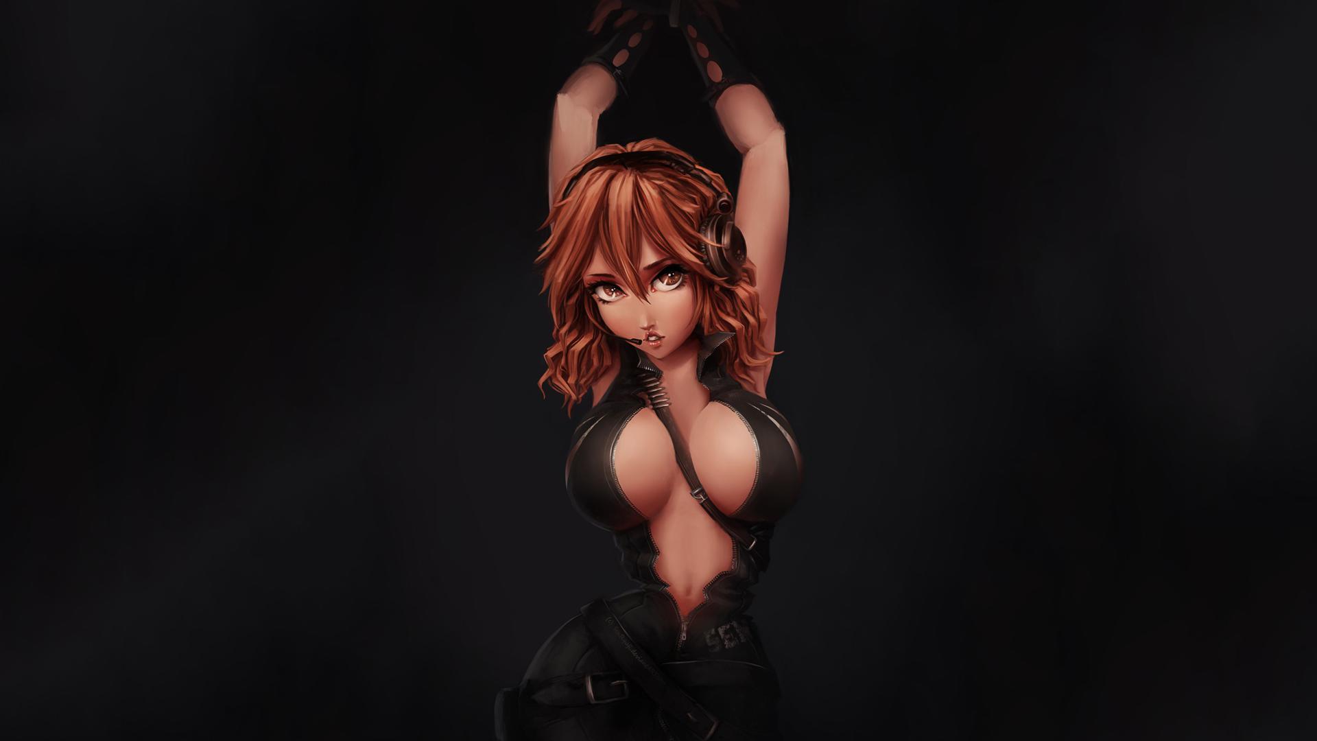 anime, tied up, hands up, red hair, big breasts, cartoon, fantasy, girls, nice look