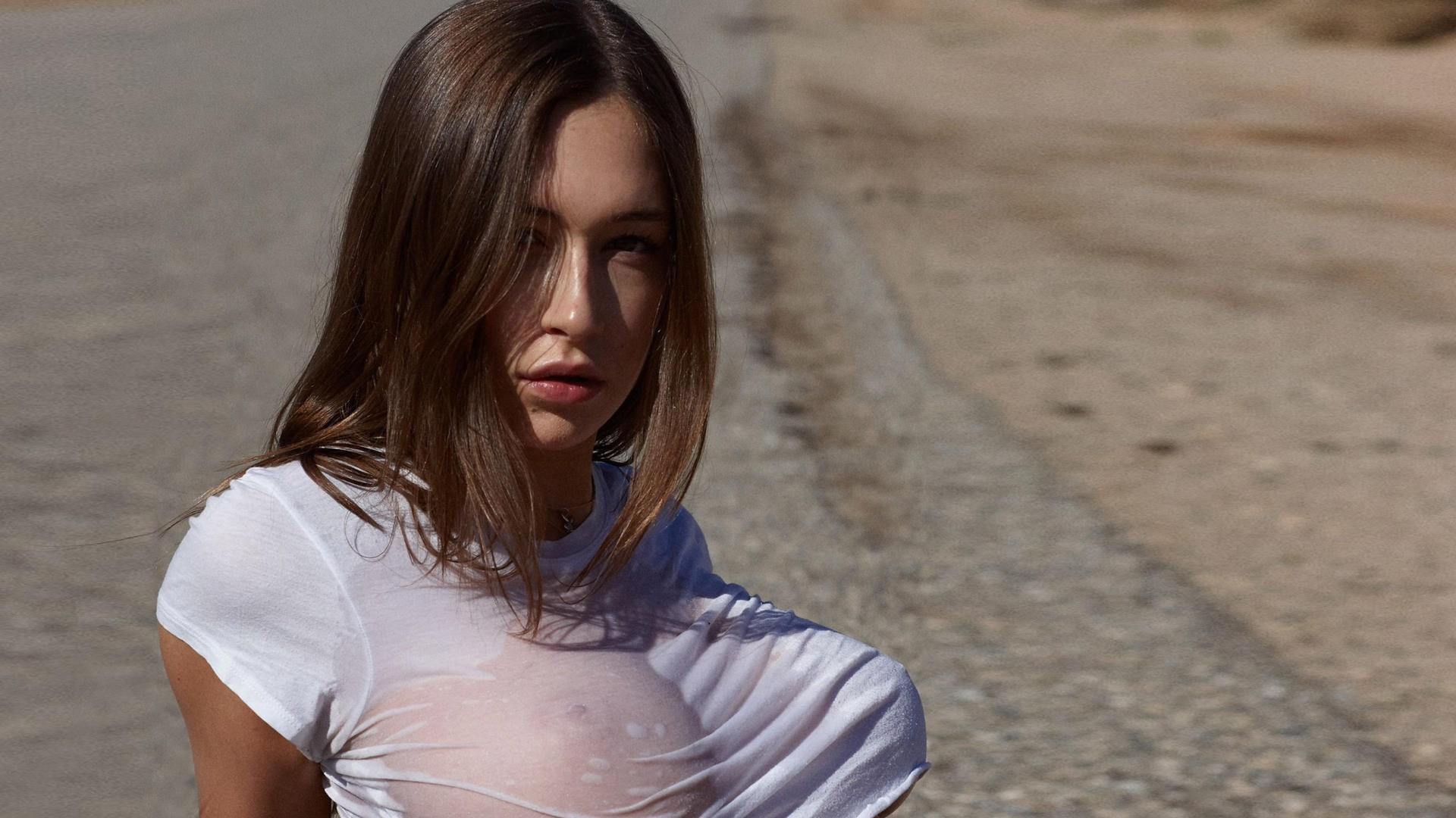 brunette, long hair, outdoor, wet, boobs, big tits, nipples, beach, sea, see through, sheer, wet tshirt