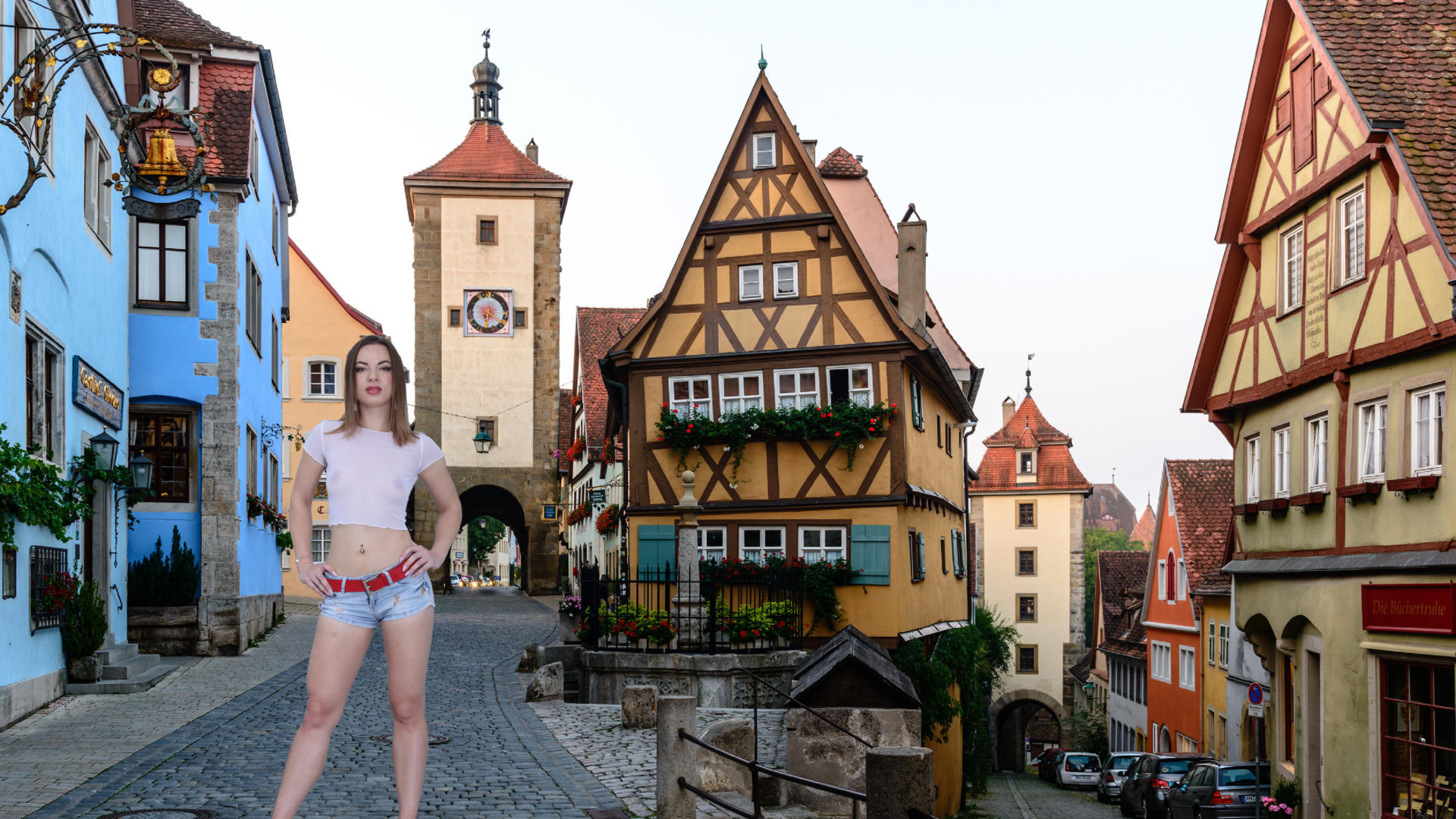 lilit sweet, outdoors, town, rothenburg, germany, non nude, shorts, shirt, transparent, boobs, tits, nipples, high heels, hi-q, brunette