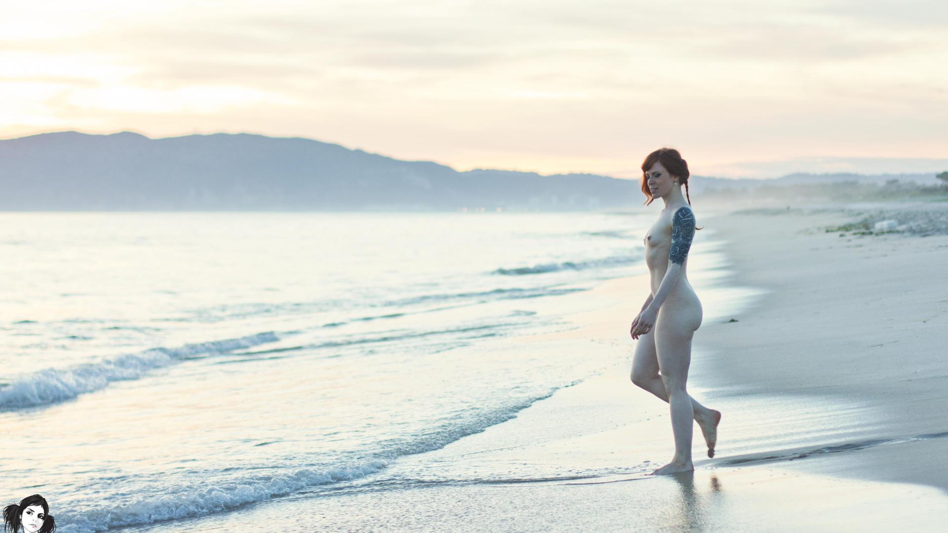 annalee, redhead, tattoo, small tits, beach, nude